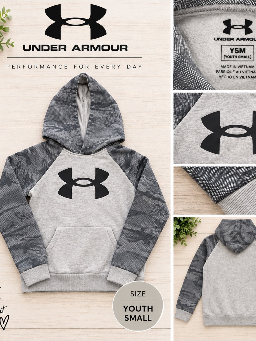 Under Armour Youth Hooded Pullover in Gray with Camo Sleeves